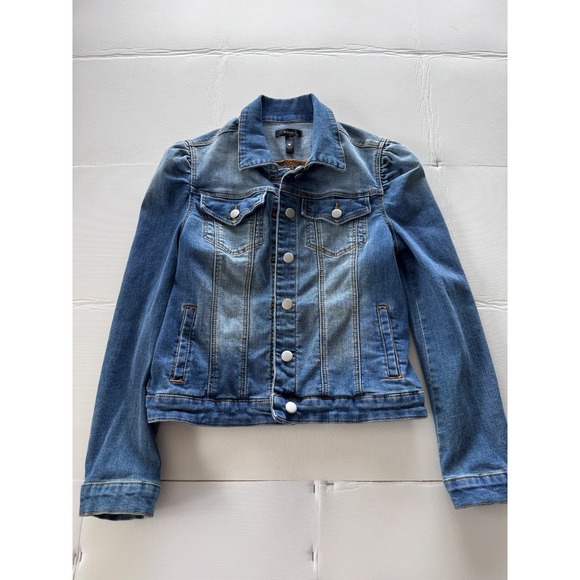AQUA Women's Puff Sleeve Denim Long Sleeve Jean Jacket XS Blue Fitted Chic Short - Picture 8 of 13